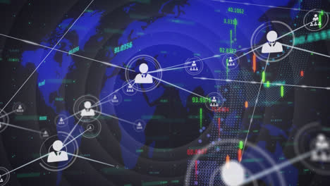animation of network of connections and data processing over world map