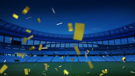 golden confetti falling down in front of a sports stadium