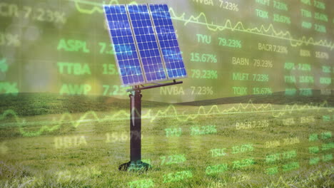 animación de tablero de comercio multicolor sobre panel solar en verde archivado contra el cielo