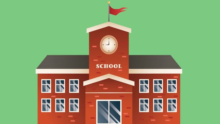 Animation of school building icon moving on green background