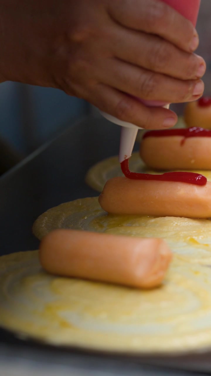 Primo piano di un venditore che spreme salsa rossa su salsicce sopra sottili pancake all'aperto.