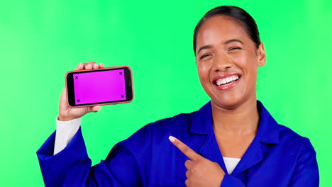 Green-screen,-pointing-and-face-of-a-woman