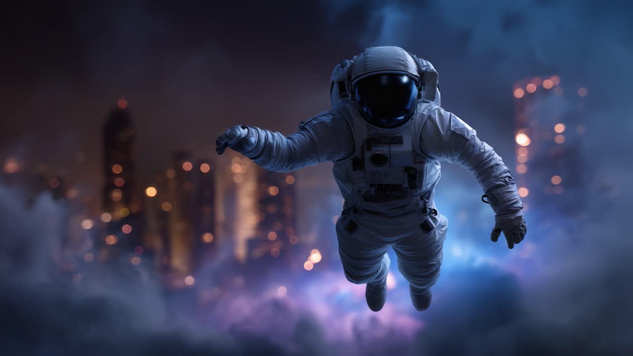 Astronaut in Flight Against a Mystical City Background Surrounded by Clouds and Cosmic Elements, Capturing the Essence of Space Exploration and Adventure
