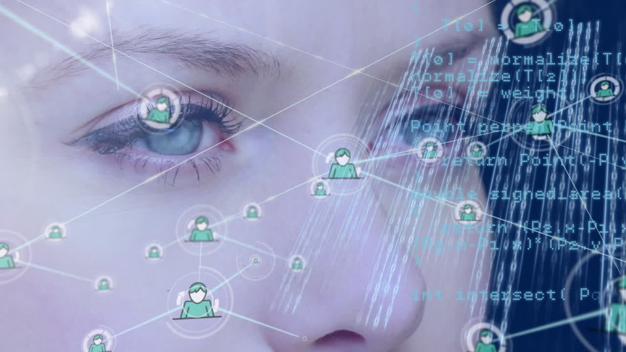 animación de la red de conexiones con iconos y procesamiento de datos sobre la mujer caucásica.