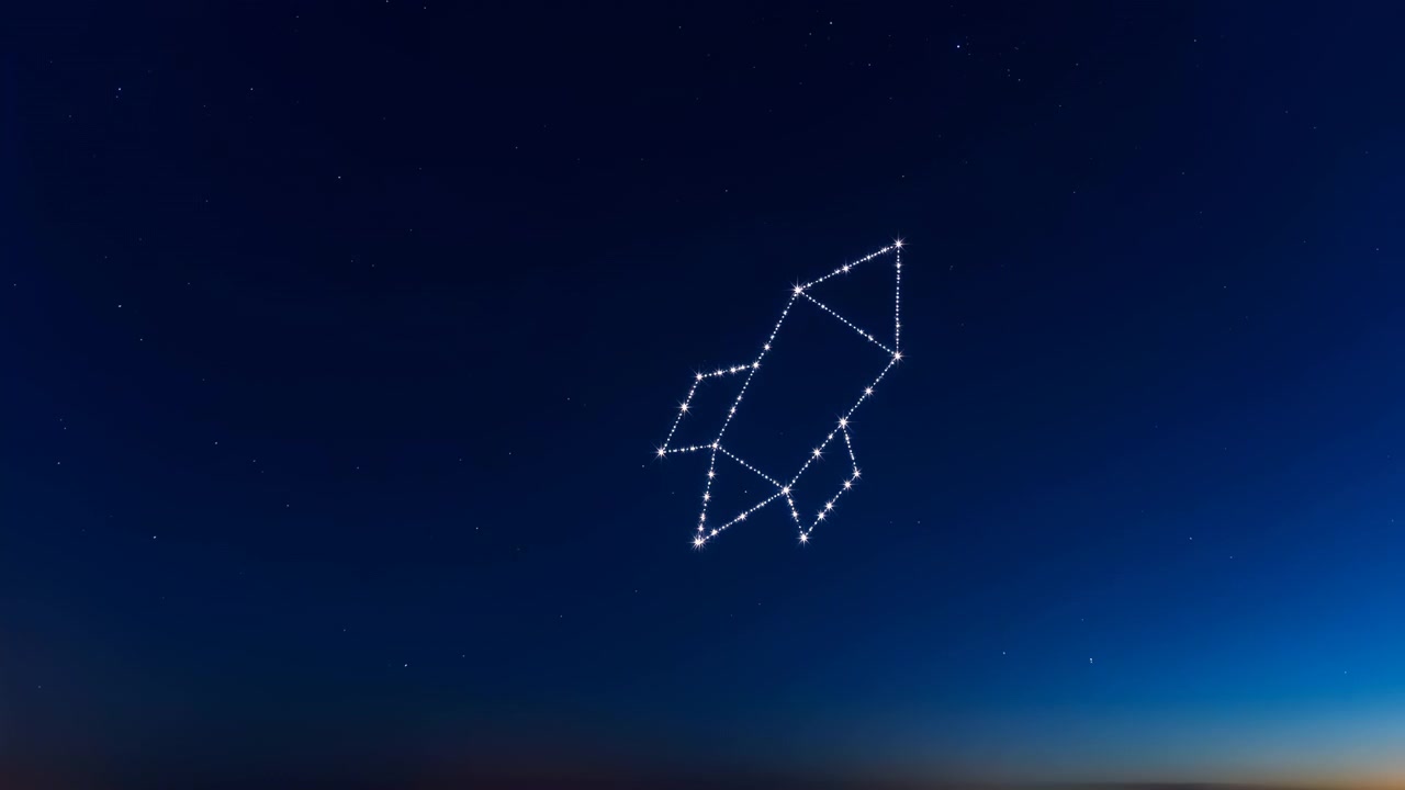 Stylized dotted constellation forming geometric symbol above deep twilight horizon with navy sky fading to pale blue, soft luminous points, minimal modern celestial composition