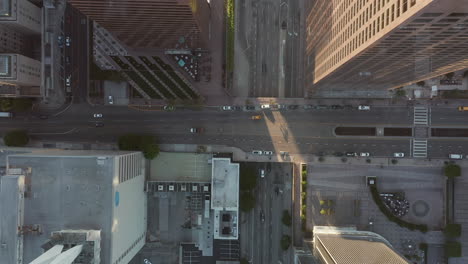 Downtown-Los-Angeles-California-Rooftops-and-Street-with-little-Car-traffic,-Aerial-Birds-Eye-Overhead-Top-Down-Shot,-Wide-angle