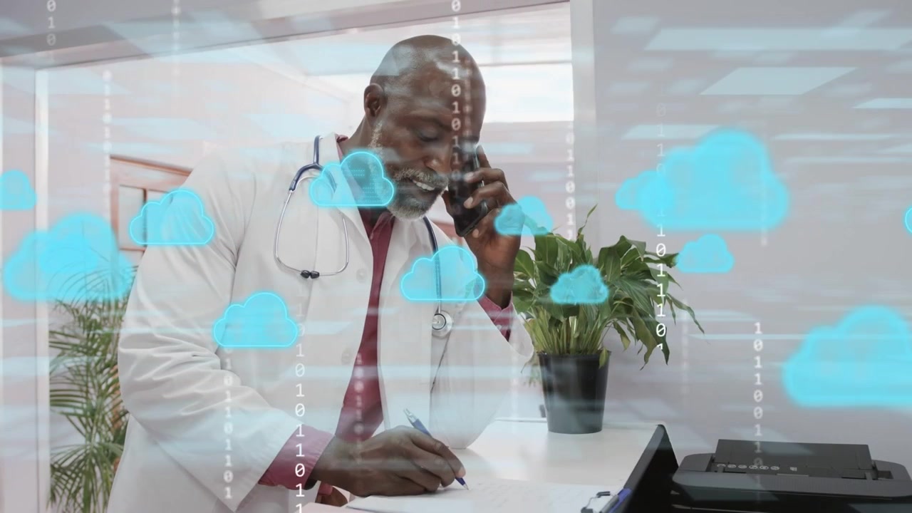 Médecin répondant à un appel entrant, mettant à jour des notes, avec des nuages et du code binaire se déplaçant autour de lui et s'estompant.