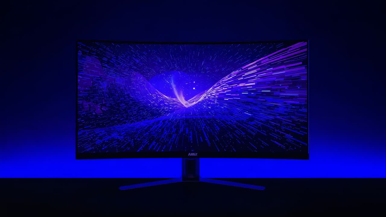 Monitor ultrawide curvo animato, punto luminoso che si espande in un arco sullo schermo della scrivania, LED blu illuminato