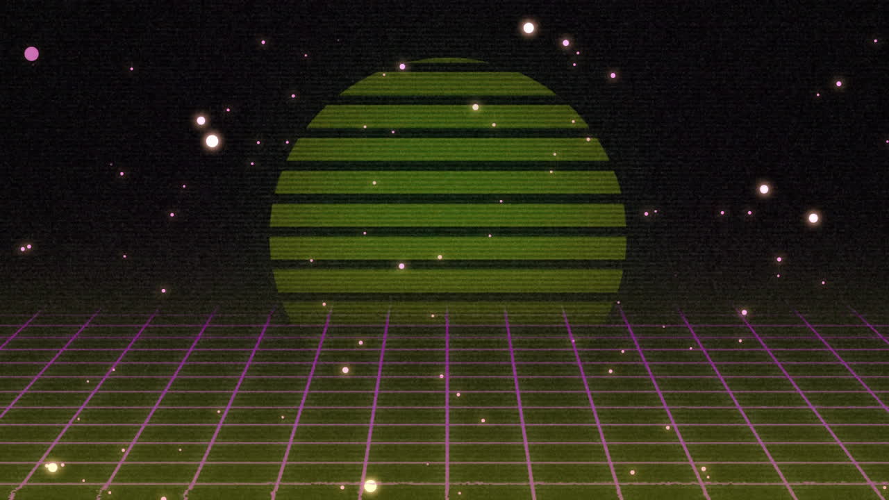 분홍색 그리드 위에 빛나는 초록색 원의 애니메이션이 원활한 루프로 움직입니다.