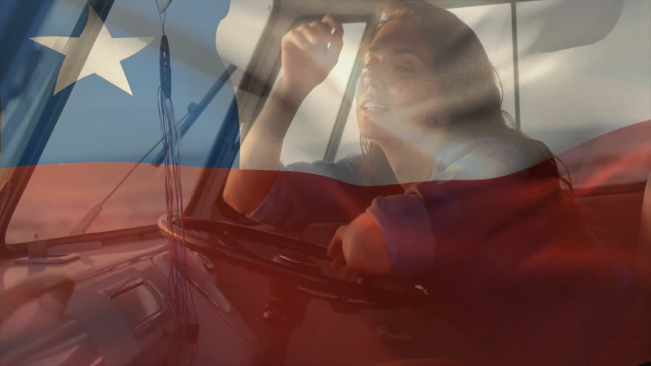 차량에 앉아 있는 사람, 손으로 머리를 잡고 있는 칠레 국기 애니메이션