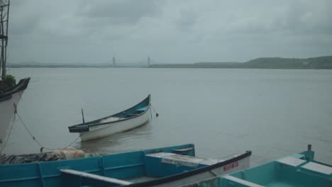 calm river scene with boats and cloudy sky, feeling of solitude