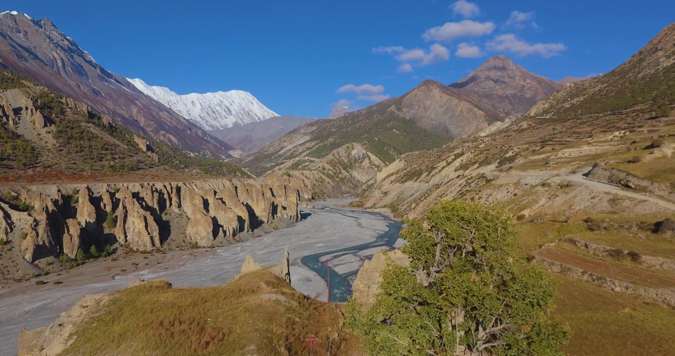 Annapurna Çevresi, Manang, Nepal, teraslı tarım alanları ve Tilicho Zirvesi ile Marsyangdi Boğazı'na giden kırsal bir yol üzerinde ileri doğru süzülen drone çekimi.