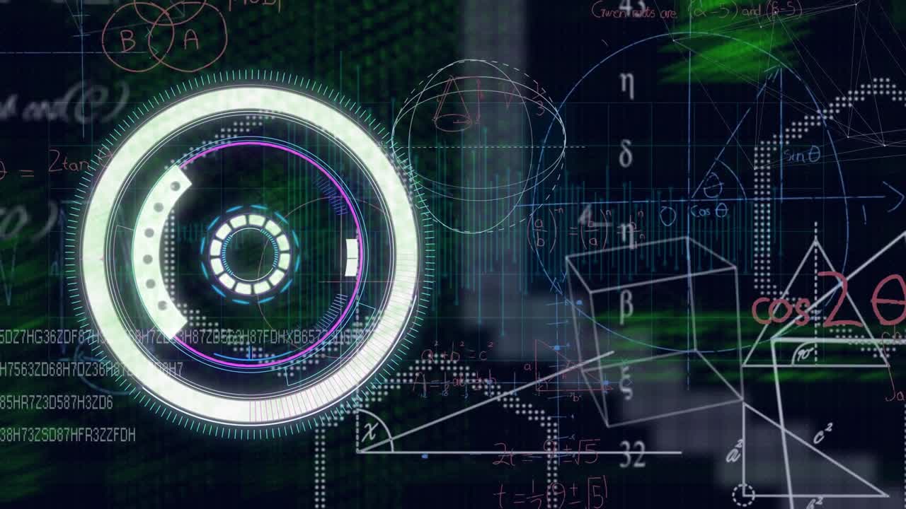 Animation af lilla rund scanner, databehandling og geometriske former mod sort baggrund