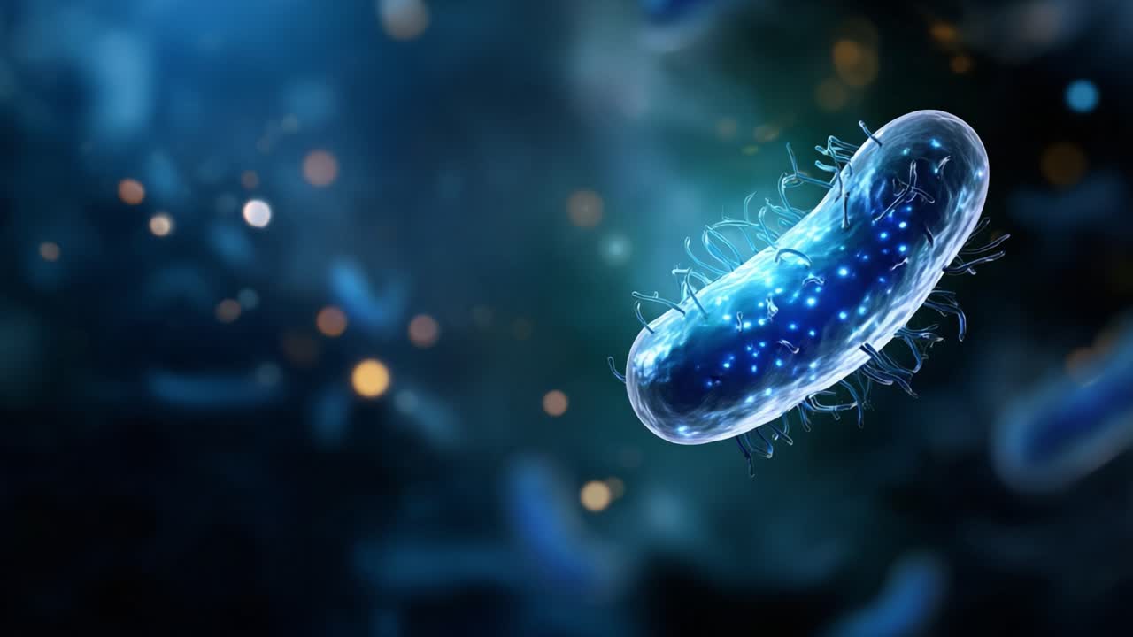 A captivating visual of a close-up bacteria cell displaying bioluminescent features in a dynamic, abstract environment, highlighting microbial life and glowing elements