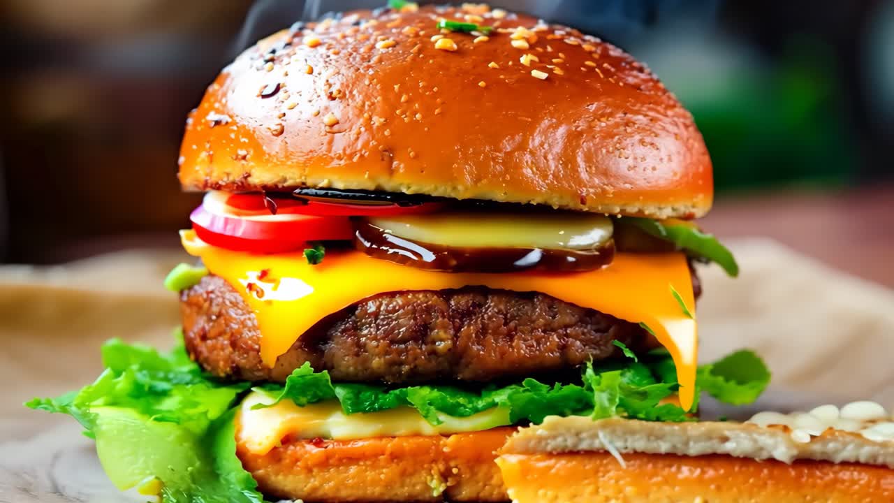 una hamburguesa con lechuga, tomate, cebolla y queso en un pan