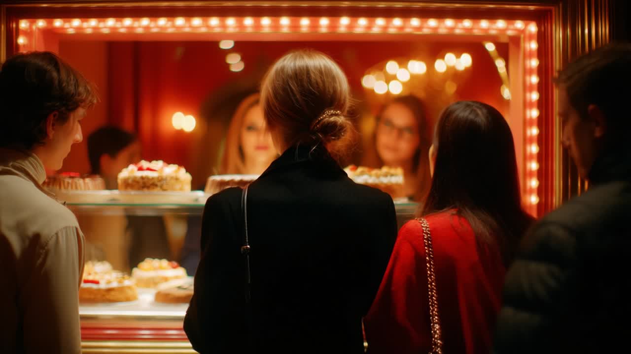 A group of friends eagerly admiring an array of delicious pastries in a beautifully lit dessert display, surrounded by an inviting atmosphere filled with warm lights and a lively ambiance