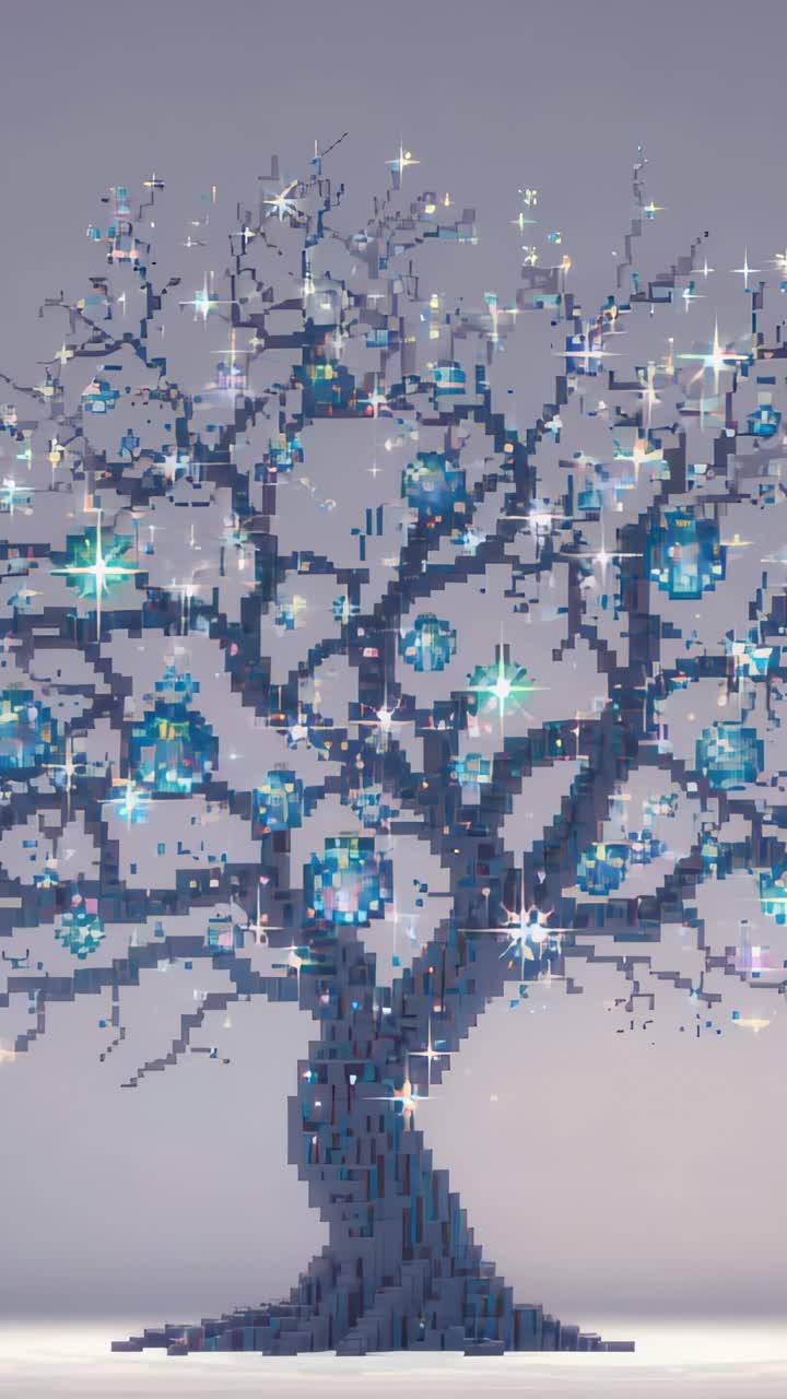 Vertical video: Animating voxel tree twinkling blue orbs and glints in gray set on loop for decor