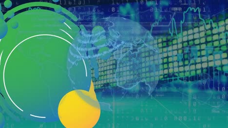 Animation-of-globe-over-green-and-yellow-circles-and-screen-with-moving-financial-data