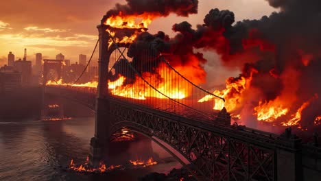 a large bridge on fire with a city in the background