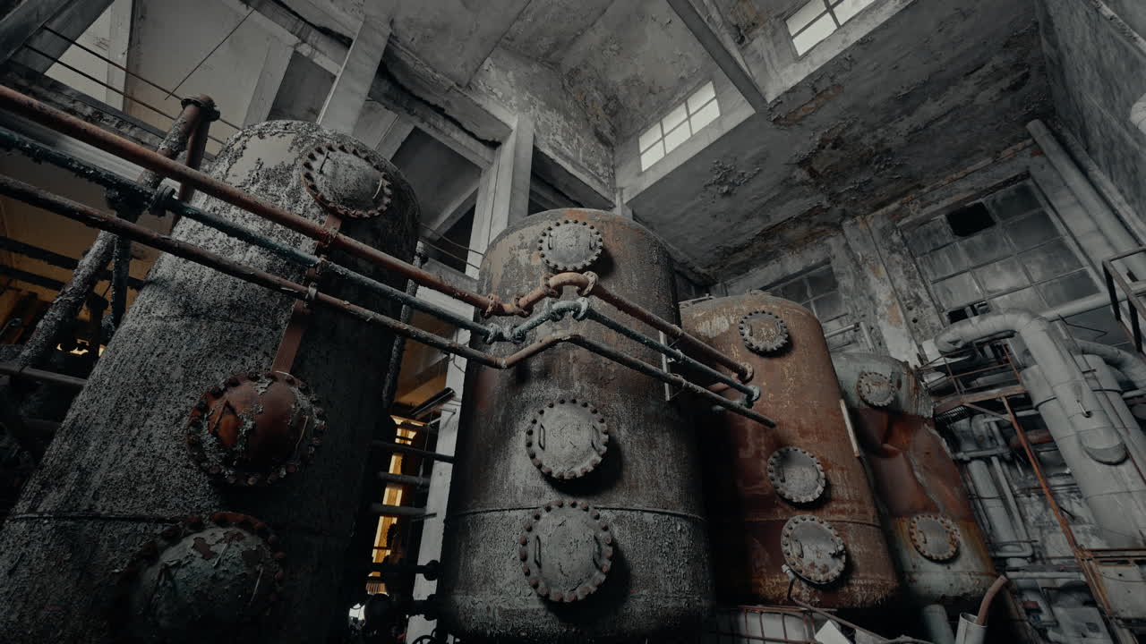 Rusty Industrial Tanks and Pipes in Abandoned Factory Interior