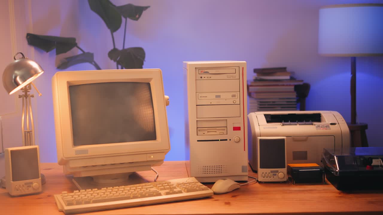 Retro pc computer gaming, Desktop vintage with loading code console, programmer making scripts, green basic screen, Old computer studio close-up, retro wave display, late 90s PC.