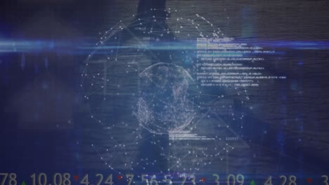 Animation-of-globe-of-connections-with-data-processing-over-shadows-on-black-background