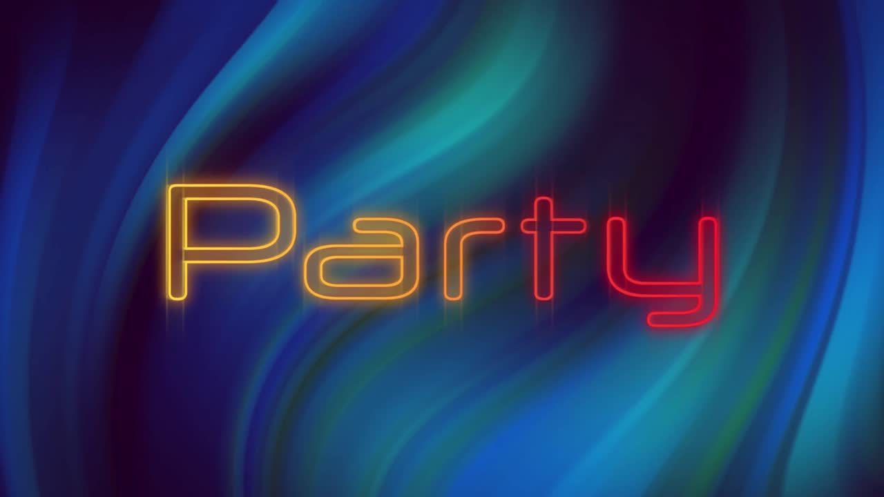 Animation of text party, in orange and red neon on blue and green swirling background