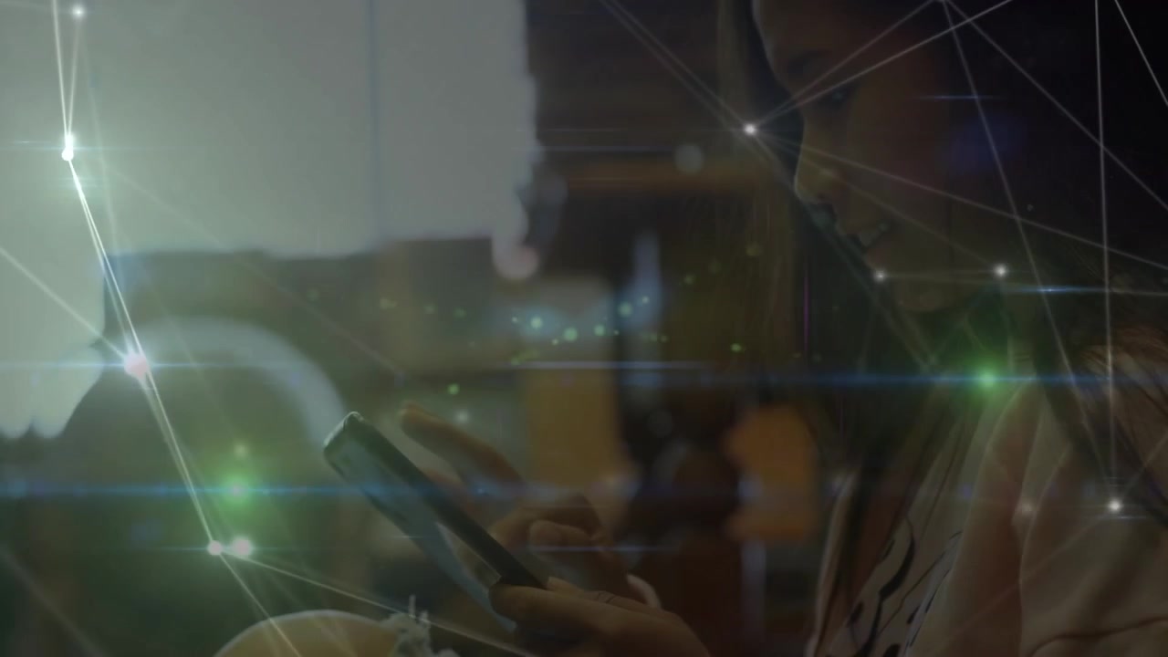 Glowing network of connections against asian woman using digital tablet