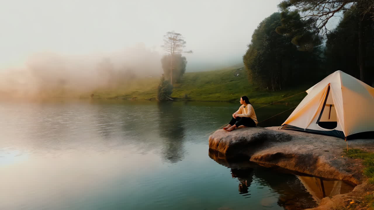 Woman camping by a lake at sunrise