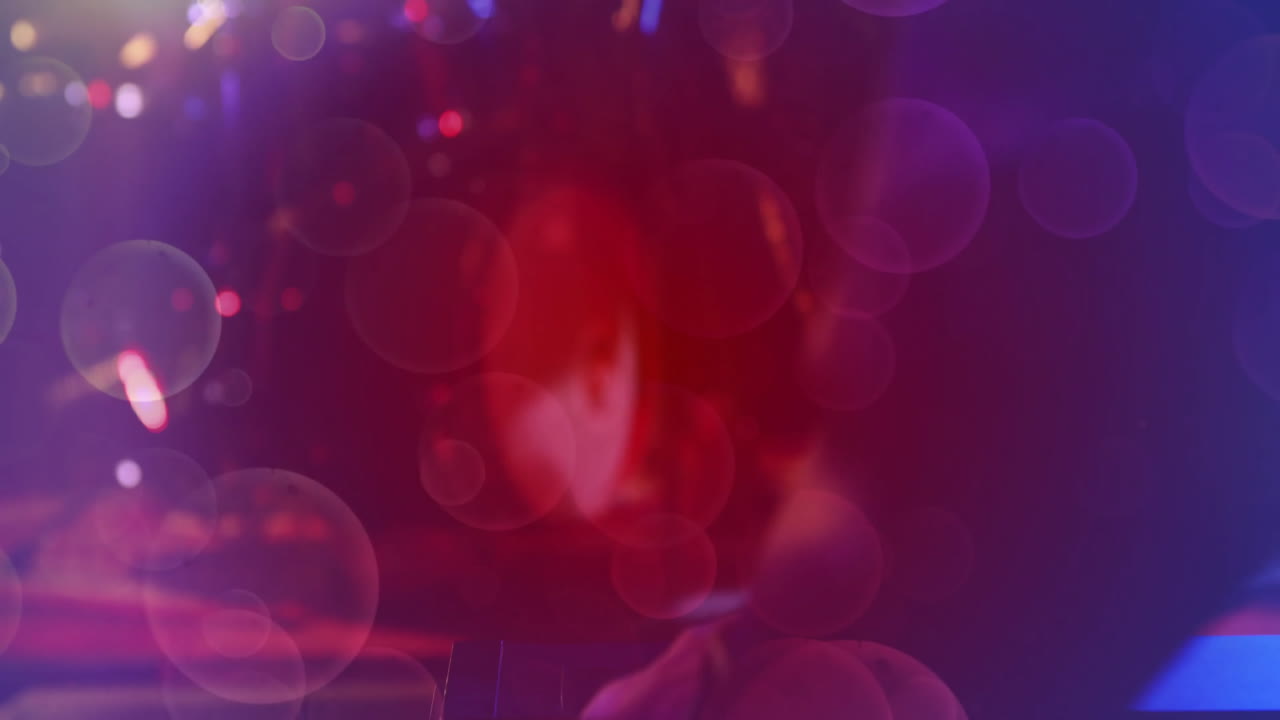 Music industry vocalist gripping microphone stand on stage, drummer playing, music notes floating