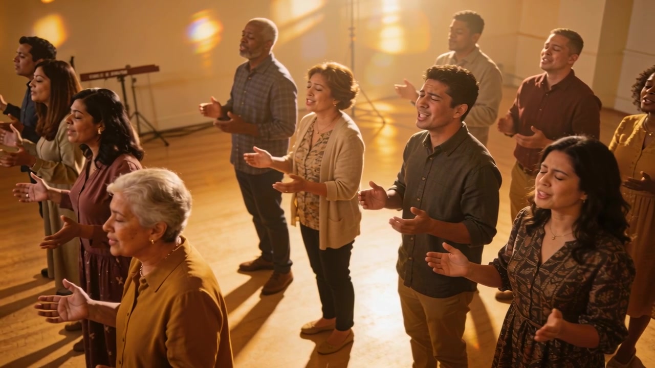 Starting keyboard accompaniment, choir members singing and swaying for worship, with mic stand
