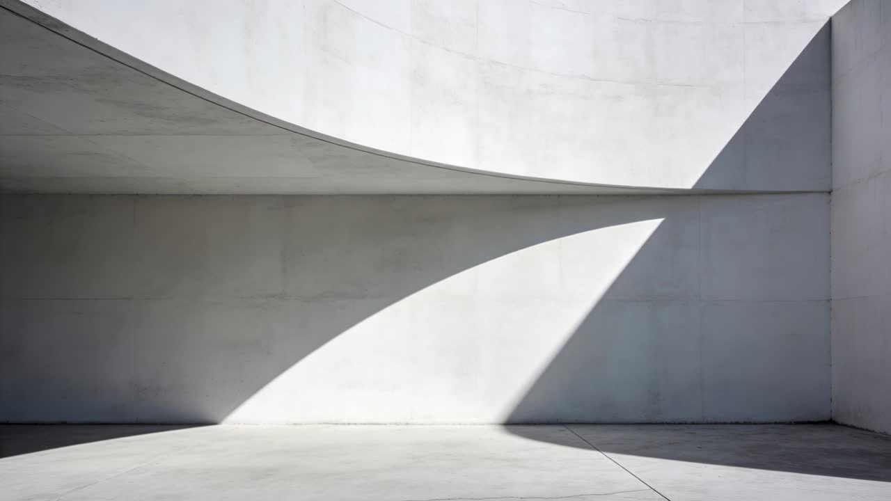 Shifting crescent shadow moving across wall and floor joint as sun shifting under curved overhang
