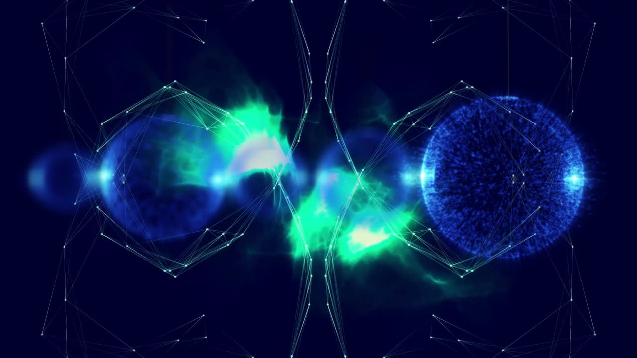 Glowing blue and green nodes forming digital network animation with connections