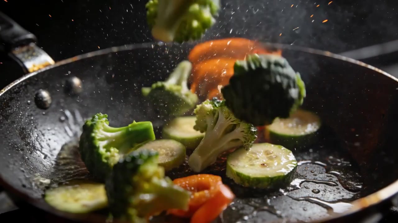 Saltando broccoli, zucchine e anelli di peperoni, con l'olio che si infiamma, sfrigolando e rosolando in padella sul fornello.