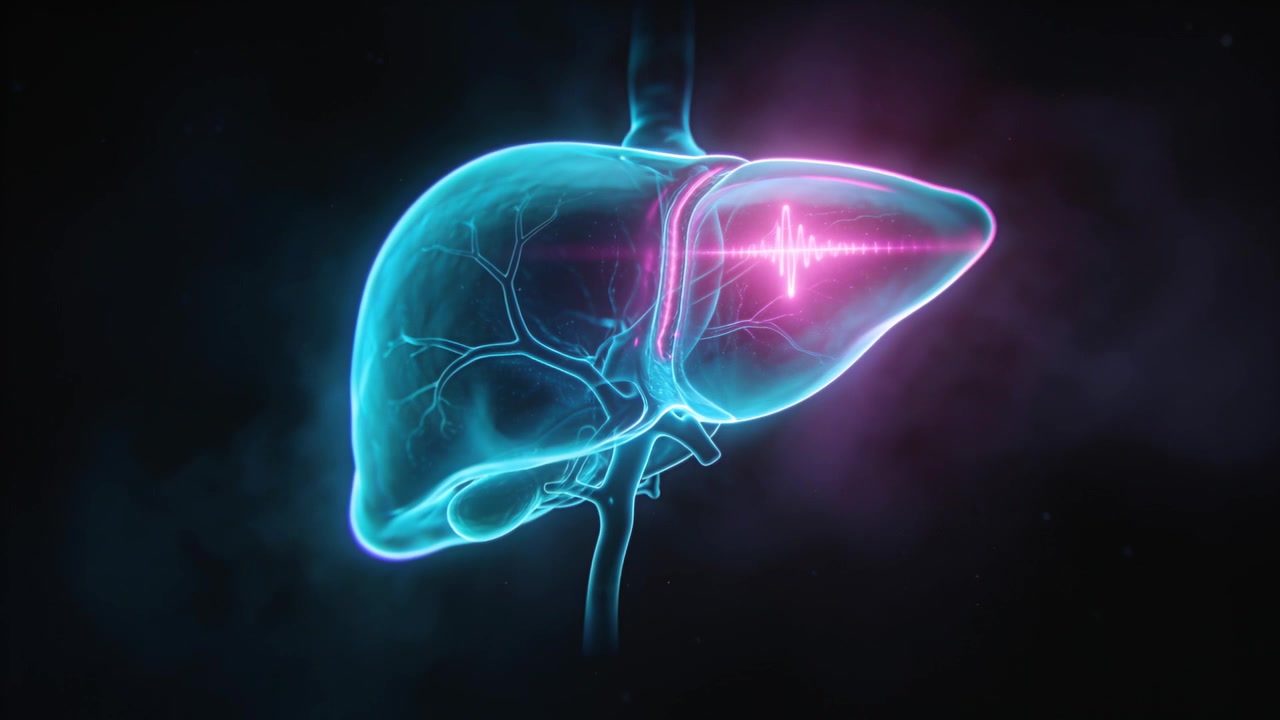 Pulsing neon liver showing rising pink waveform after signal in medical animation with cyan vessels