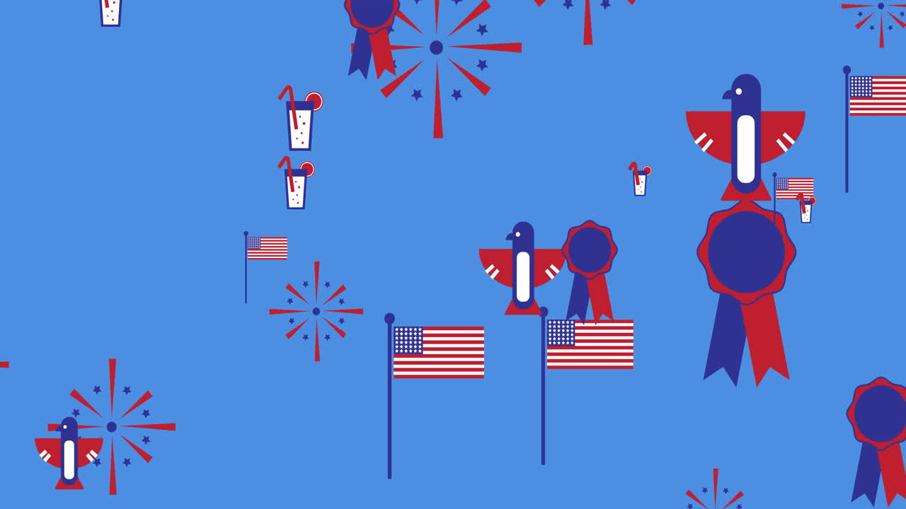 미국  ⁇ 발과 독립기념일 아이콘이 파란색 배경 위로 움직이는 애니메이션