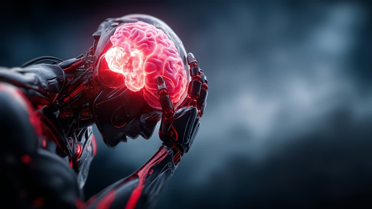 Futuristisk cyborg med en synlig glødende rød hjerne som lider av hodepine eller systemfeil