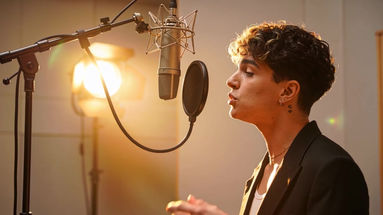 Segnale con la mano alzata, vocalista in blazer che canta con forza per la registrazione in un microfono a condensatore in cabina, con spazio per il testo.