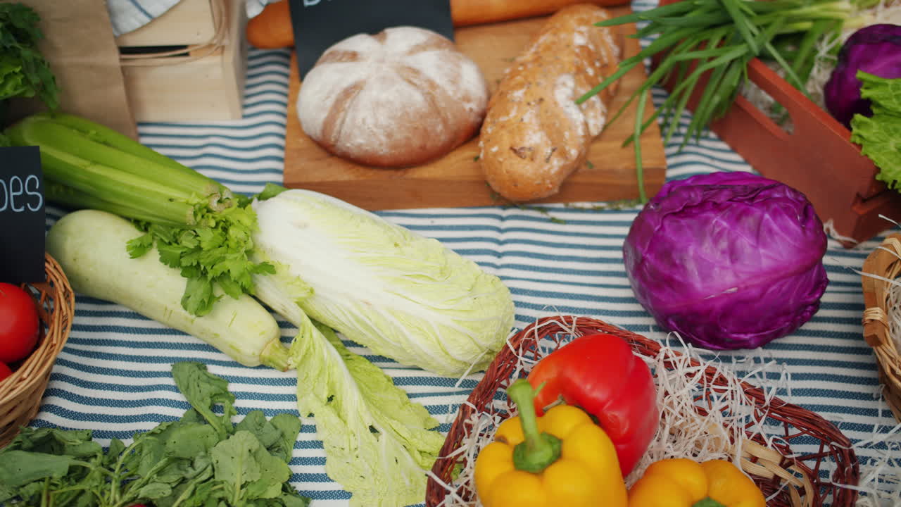 Fresh Produce and Bread at a Farmers Market