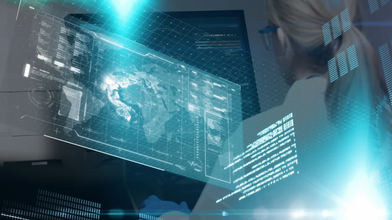 Digital interface with data processing against woman using computer