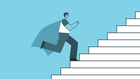 man superhero running up the stairs. success and career growth concepts. flat design cartoon character isolated loop 2d animation