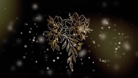 animation of gold flowers and flickering fairy lights over snow falling on black background