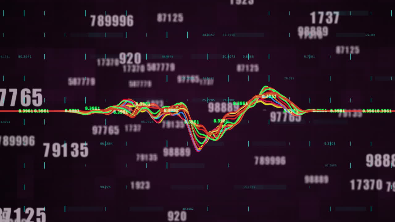 Digital animation of multiple changing numbers and data processing against black background