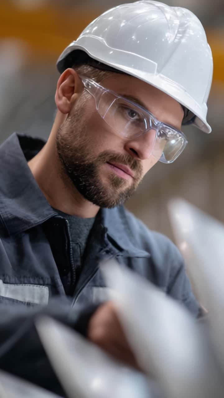 Skilled Worker in Safety Gear Focused on Task, Man with Hard Hat and Protective Glasses Inspecting Machinery Components in Industrial Setting