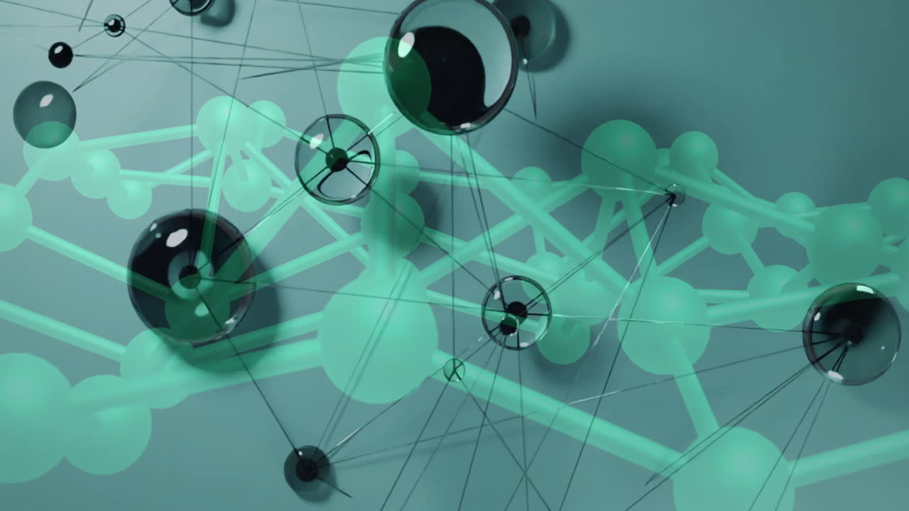 상호 연결된 구와 선의 추상적인 네트워크, 과학 데이터 애니메이션