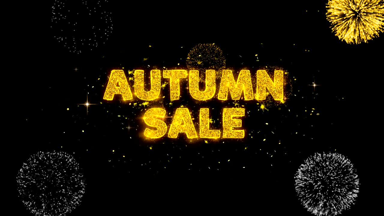 가을 판매 텍스트는 반이는 황금 입자 불꽃놀이에 나타납니다.
