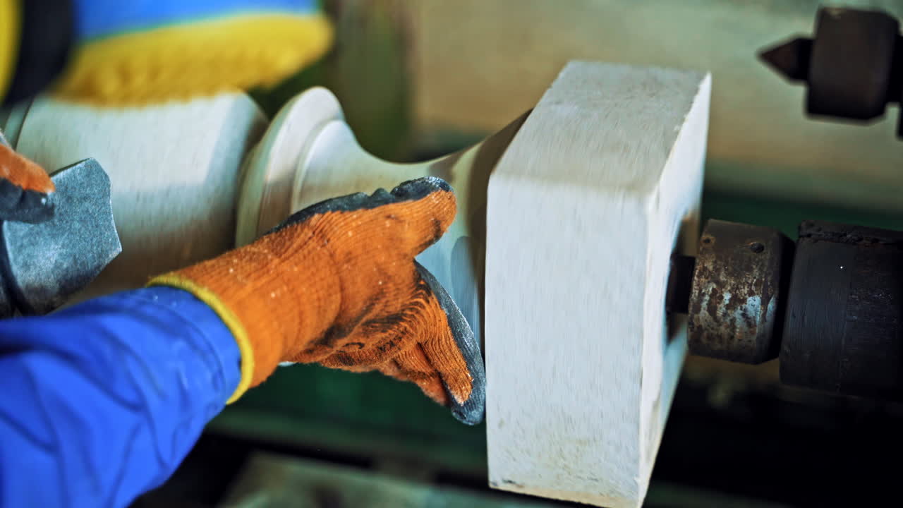 Man worker in protective mask and special uniform polishes stone at workshop. Laborer is working on the industrial machine in manufacture. Close-up