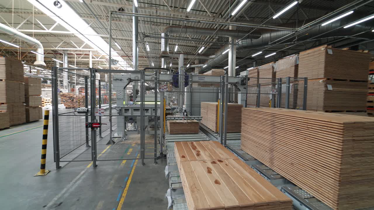 Industrial equipment for the production of parquet. Automation. Industrial interior.