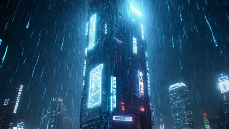 edificio de la ciudad cyberpunk futurista por la noche con lluvia