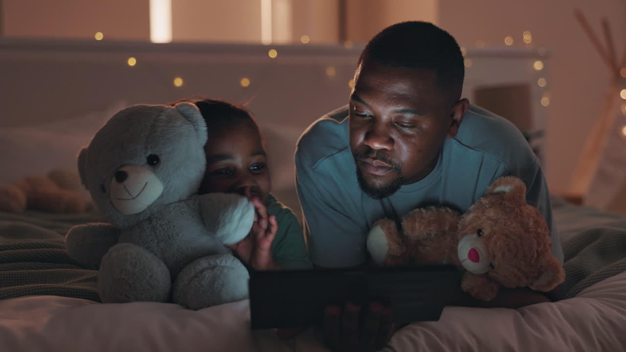 Bed, night and child with father